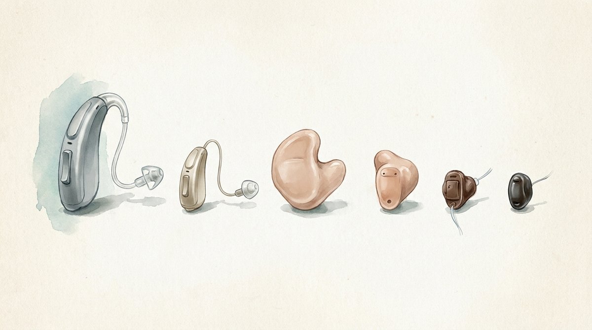 Ilustração de seis aparelhos auditivos modernos lado a lado, do maior para o menor