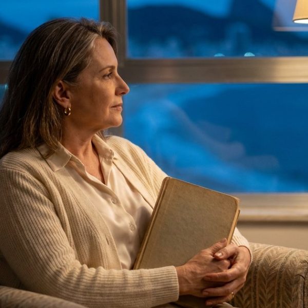 Mulher elegante de cabelo castanho com fios grisalhos, sentada numa poltrona à noite com um livro nas mãos, calma, sob a luz suave de um abajur, com a orla de Copacabana ao fundo