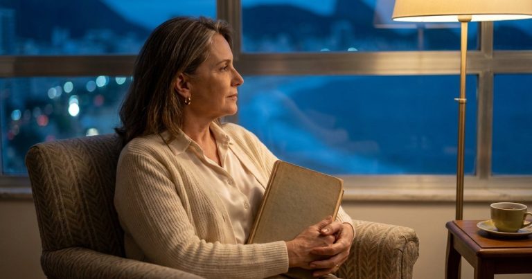 Mulher elegante de cabelo castanho com fios grisalhos, sentada numa poltrona à noite com um livro nas mãos, calma, sob a luz suave de um abajur, com a orla de Copacabana ao fundo