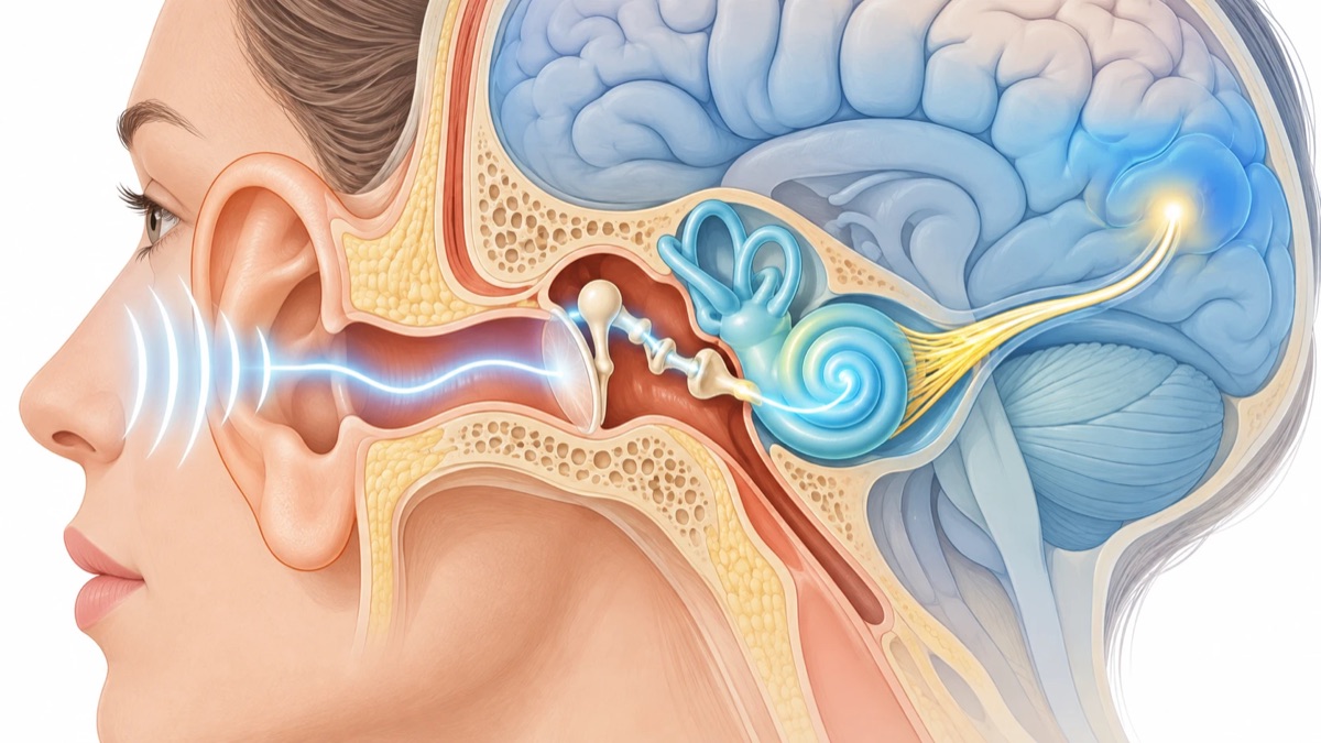 Ilustração da cabeça em corte: o som entra pela orelha, passa pelo tímpano, pelos ossinhos e pela cóclea e segue pelo nervo auditivo até o cérebro