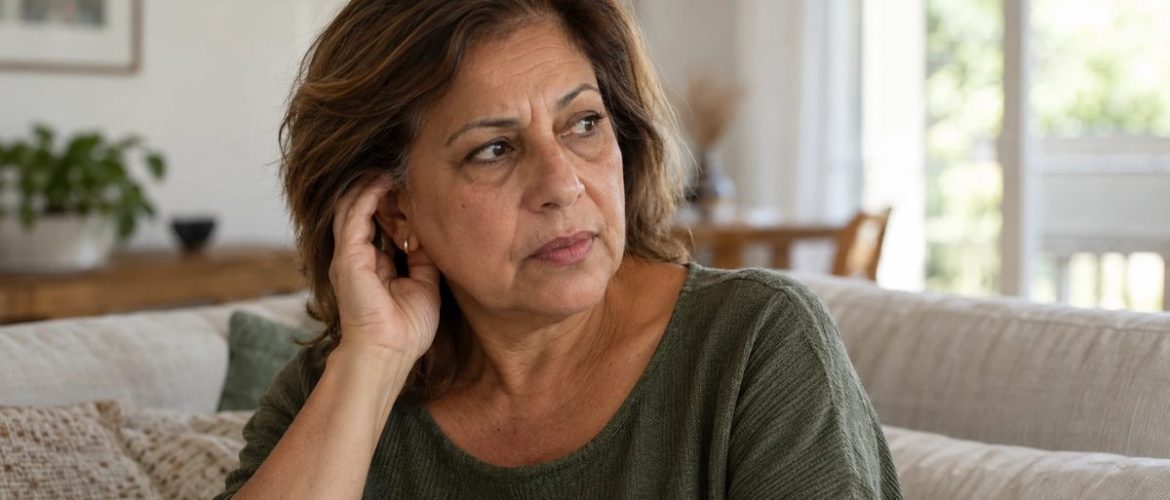 Mulher de cerca de 60 anos com a mão no ouvido e expressão preocupada