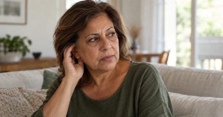 Mulher de cerca de 60 anos com a mão no ouvido e expressão preocupada