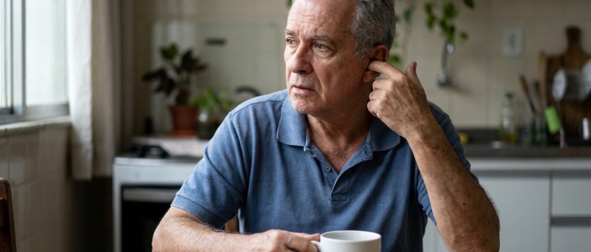 Homem de cerca de 65 anos, de cabelos grisalhos, sentado à mesa da cozinha com um dedo encostado na orelha e o olhar distante