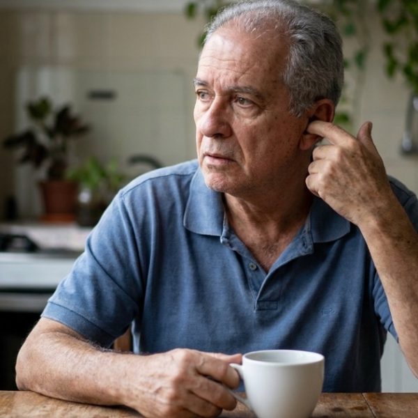 Homem de cerca de 65 anos, de cabelos grisalhos, sentado à mesa da cozinha com um dedo encostado na orelha e o olhar distante