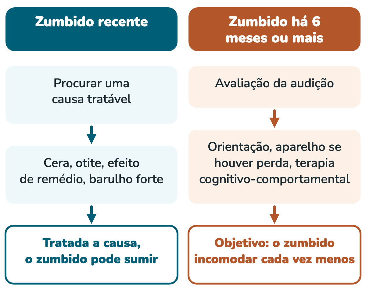 Infográfico com dois caminhos. Zumbido recente: procurar uma causa tratável, como cera, otite, efeito de remédio ou barulho forte; tratada a causa, o zumbido pode sumir. Zumbido há seis meses ou mais: avaliação da audição, orientação, aparelho auditivo se houver perda e terapia cognitivo-comportamental; o objetivo é o zumbido incomodar cada vez menos.