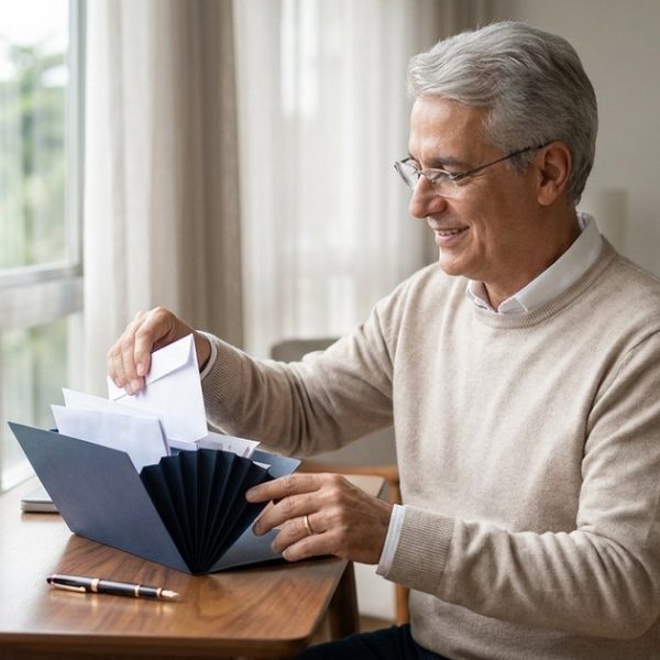 Homem de cabelo grisalho, óculos e suéter bege guarda envelopes numa pasta sanfonada azul sobre a escrivaninha, ao lado da janela de um apartamento claro