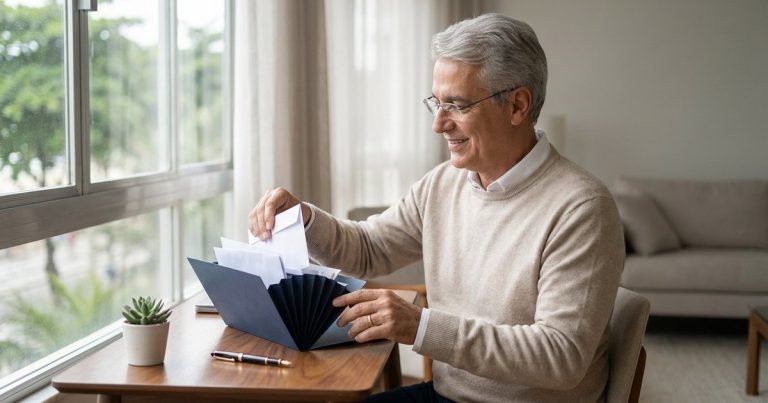 Homem de cabelo grisalho, óculos e suéter bege guarda envelopes numa pasta sanfonada azul sobre a escrivaninha, ao lado da janela de um apartamento claro