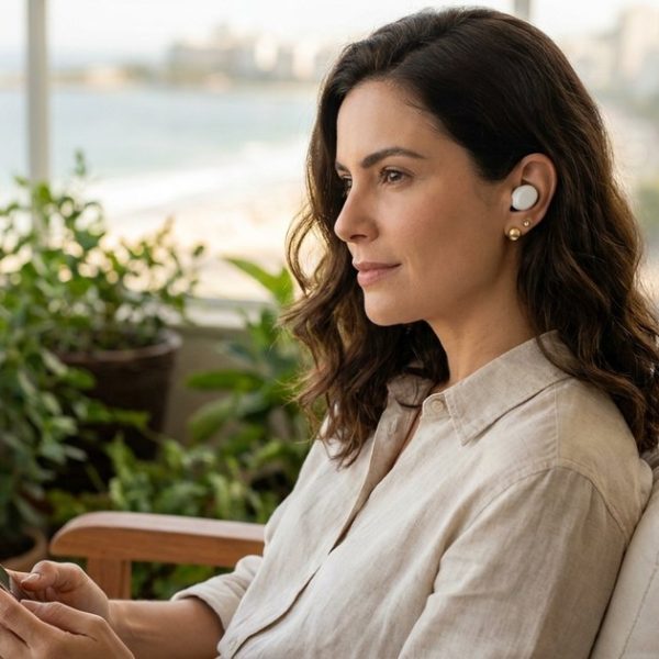 Mulher elegante com um fone sem fio na orelha, sentada na varanda com vista para o mar