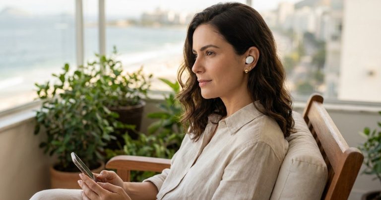 Mulher elegante com um fone sem fio na orelha, sentada na varanda com vista para o mar