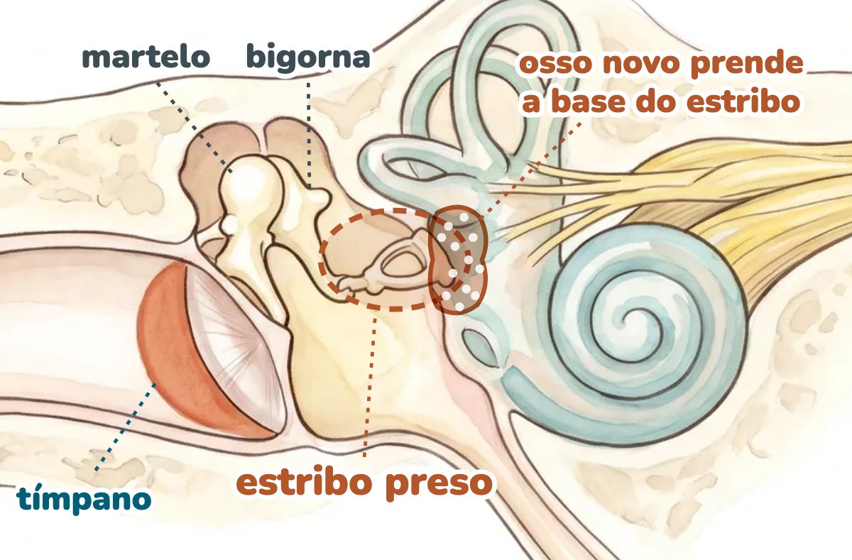 Ilustração da orelha em corte com os três ossinhos da audição: o estribo, o último deles, aparece destacado, com uma mancha de osso novo prendendo a sua base na entrada da cóclea