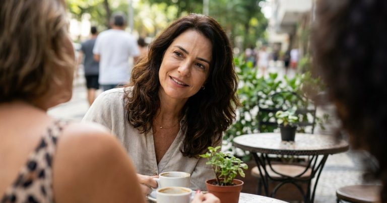 Mulher de uns 40 anos inclina a cabeça para ouvir uma amiga numa mesa de café ao ar livre