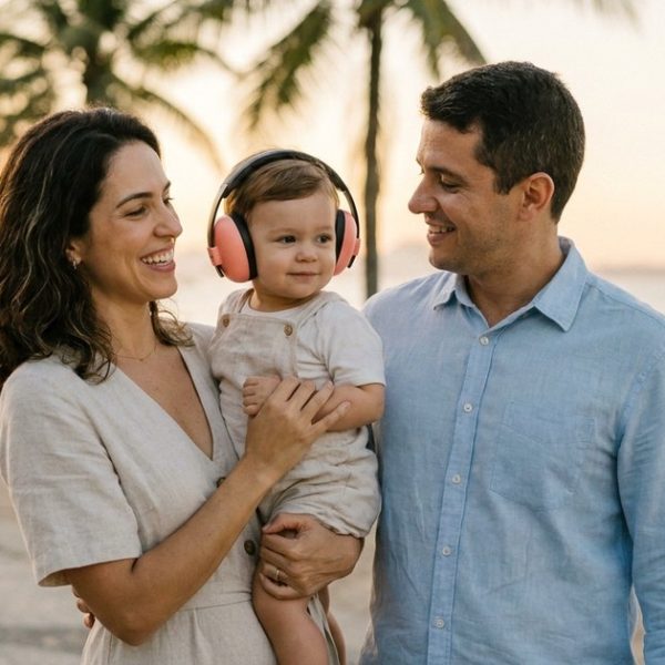 Mãe e pai sorriem num calçadão de pedras portuguesas à beira-mar, no fim de tarde, e a mãe segura no colo uma criança pequena que usa um abafador de ruído infantil rosa