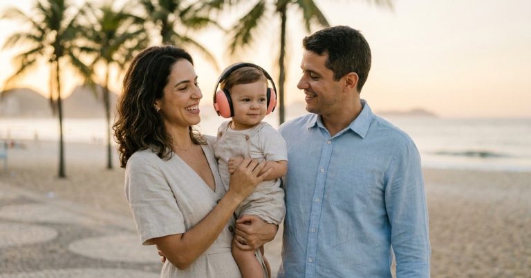 Mãe e pai sorriem num calçadão de pedras portuguesas à beira-mar, no fim de tarde, e a mãe segura no colo uma criança pequena que usa um abafador de ruído infantil rosa