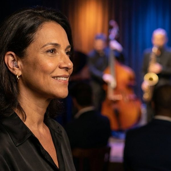 Mulher elegante de cabelo castanho escuro sorri na plateia de um show de jazz, com um protetor auricular transparente e discreto na orelha