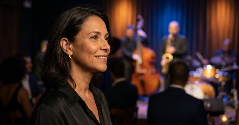 Mulher elegante de cabelo castanho escuro sorri na plateia de um show de jazz, com um protetor auricular transparente e discreto na orelha