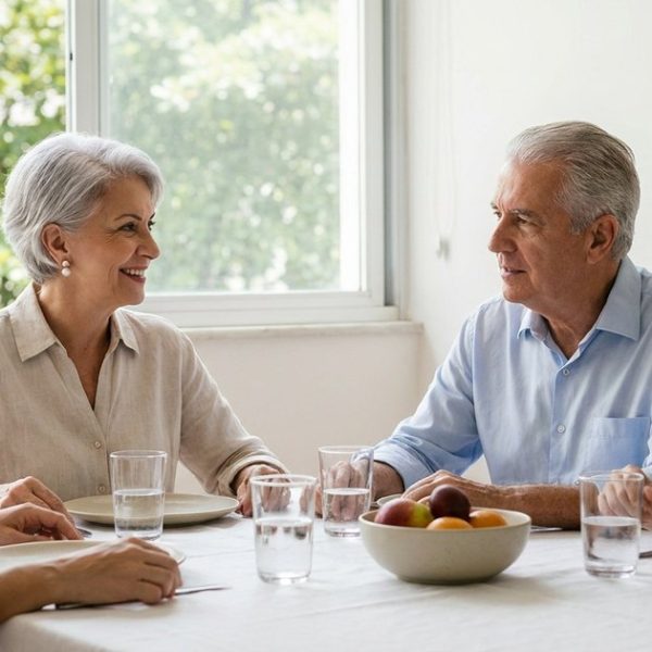 Família reunida à mesa do almoço num apartamento claro: avó, avô, filha e neto conversando