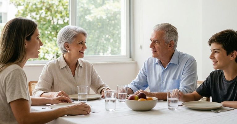 Família reunida à mesa do almoço num apartamento claro: avó, avô, filha e neto conversando