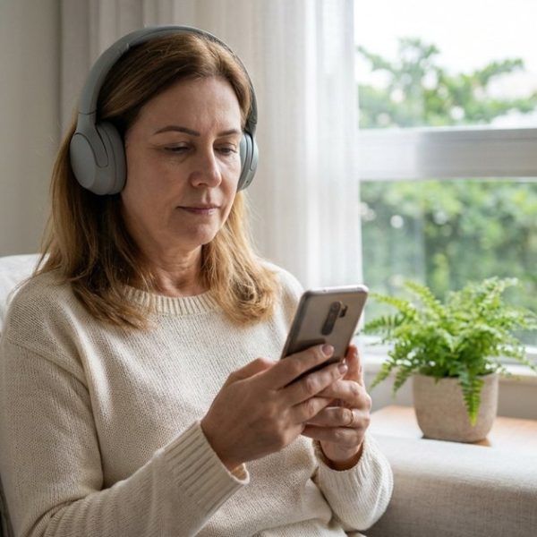 Mulher de uns 50 anos com fone de cabeça olhando o celular no sofá de casa