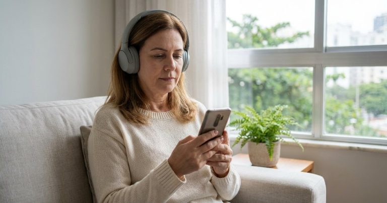 Mulher de uns 50 anos com fone de cabeça olhando o celular no sofá de casa