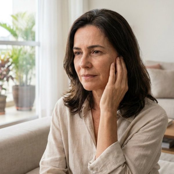 Mulher de uns 50 anos sentada no sofá, com a mão de leve sobre a orelha e expressão de pequeno incômodo