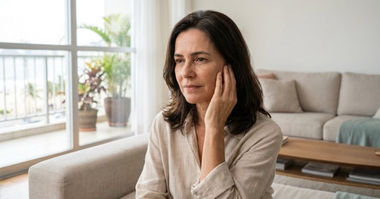 Mulher de uns 50 anos sentada no sofá, com a mão de leve sobre a orelha e expressão de pequeno incômodo