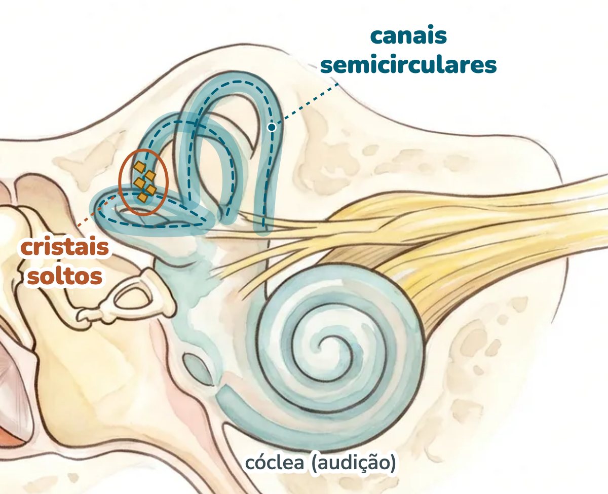Ilustração em aquarela do ouvido interno com os três canais semicirculares destacados em azul e pequenos cristais dourados soltos dentro de um deles, circulados em terracota; abaixo aparece a cóclea