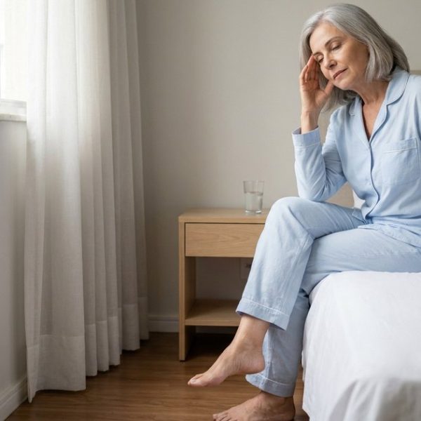 Mulher de cabelo grisalho, de pijama azul, sentada na beira da cama pela manhã com a mão na cabeça