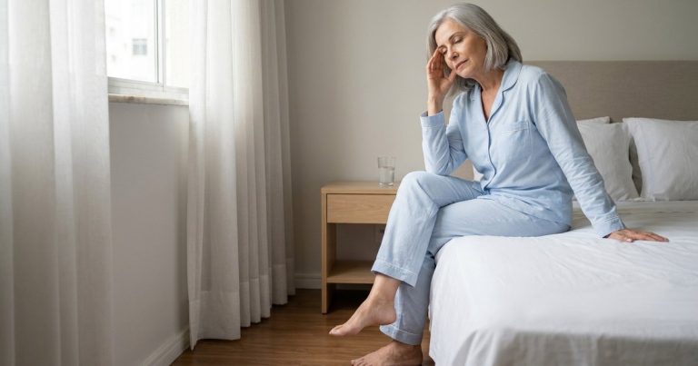 Mulher de cabelo grisalho, de pijama azul, sentada na beira da cama pela manhã com a mão na cabeça